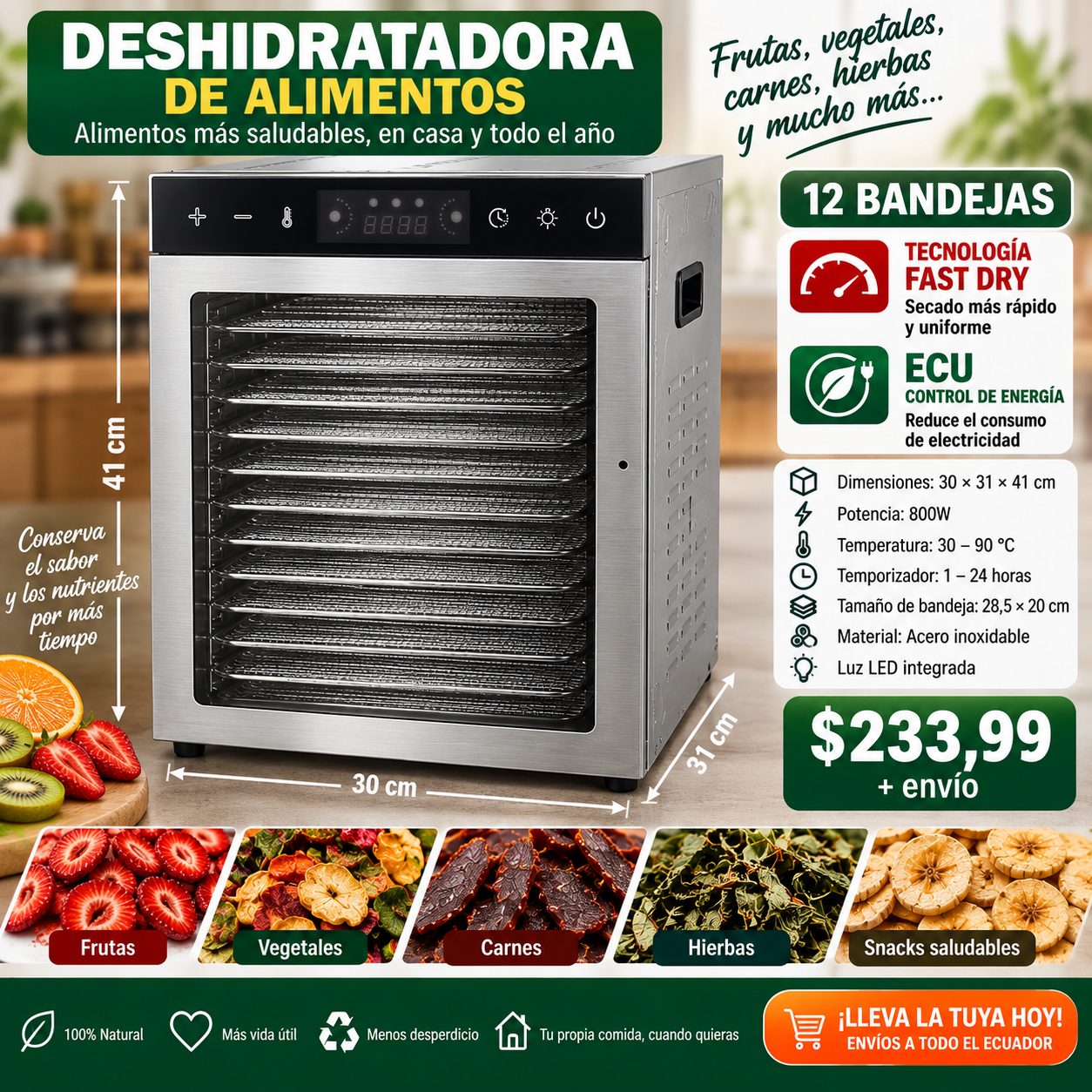 Deshidratadora de acero inoxidable de 12 bandejas