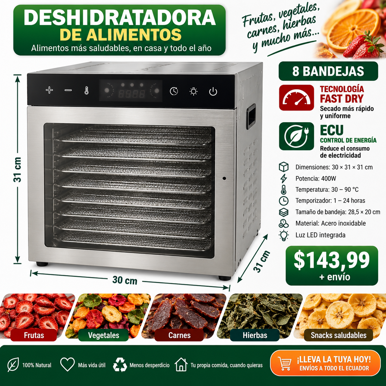 Deshidratadora de acero inoxidable de 8 bandejas