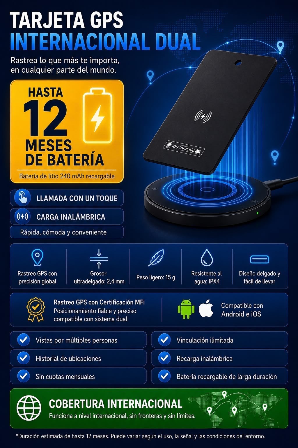 Tarjeta de localización GPS internacional dual compatible con iOS y Android